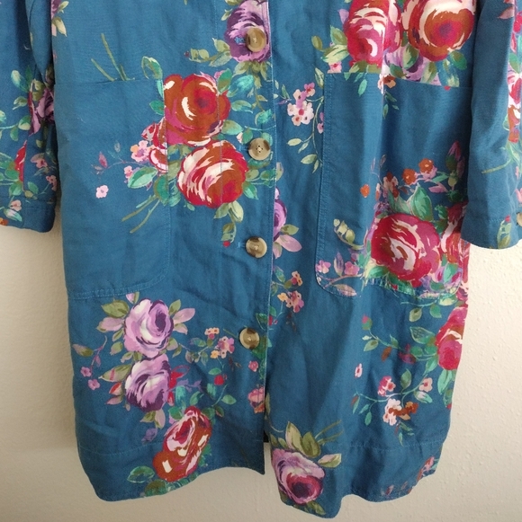 Sundance Royal Botanical Topper Linen Blend Blue Floral Trench Coat Size XL - Picture 9 of 16